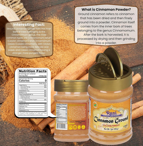 Rani Cinnamon Powder (Ground) Spice 3oz (85g) PET Jar ~ All Natural | Salt-Free | Vegan | No Colors | Gluten Friendly | NON-GMO | Kosher...