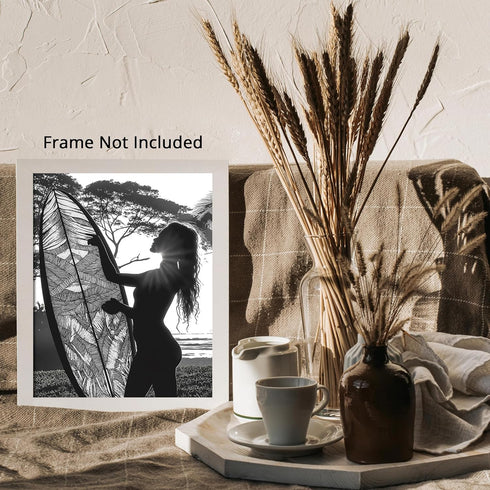 Posterizer 1 pcs-black and white art-woman at the beach with surfboard 2-Coastal & Nautical Art Gift for Nature, Surfers and Beach Lovers - unfra...