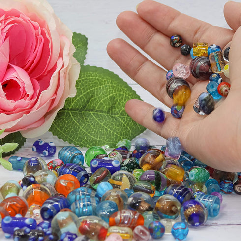 Fun-Weevz 50 PCS Assorted Glass Beads for Jewelry Making Adults, Large and Small Bulk Glass Beads for Crafts, Craft Lampwork Murano Bead Mix for B...