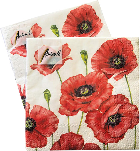 20-ct 13x13 Valentine's Napkins Decorative for Decoupage Red Poppy Floral Paper for Mother's Father's Day Red Pretty Flower Napkins gorgeous for L...