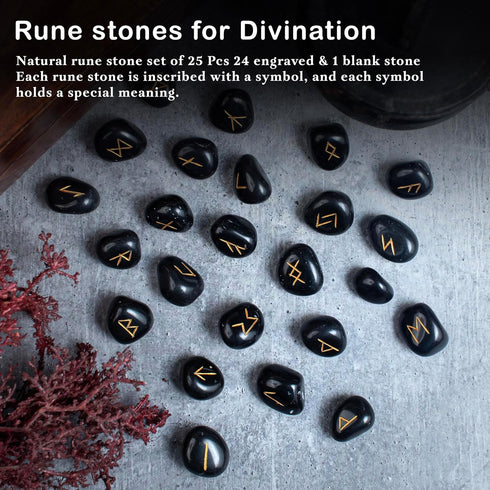 Crocon Black Tourmaline Gemstone Elder Futhark Alphabet Engraved Symbol Rune Stone 25 pcs Set for Feng Shui Chakra Balancing Reiki Healing Spiritu...