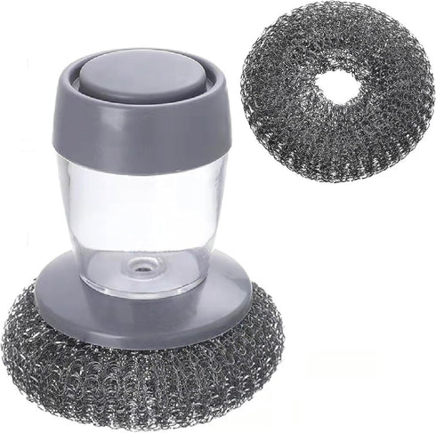 Dish Brush with soap Dispenser,with 2 Velvet Dish Brushes, Steel Wool Scrubber for Cleaning Dishes, pots, Pans, Grills, Sinks, Replaceable Brush H...