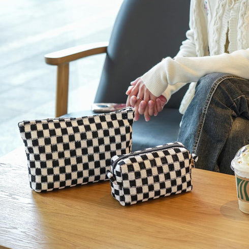 2Pcs Makeup Bag For Women - Large Checkered Knitted Cosmetic Bags&Small Makeup Pouch Aesthetic Design Travel Toiletry Bag Skincare Bag Car Storage...