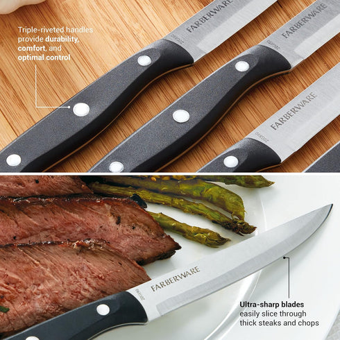 Farberware Full-Tang Triple-Riveted 8-Piece Steak Knife Set, High-Carbon Stainless Steel, Razor-Sharp Knives with Ergonomic Handle, Kitchen Knives...