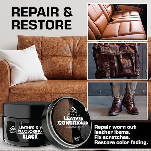 FORTIVO Leather Recoloring Balm with Mink Oil, Couch Repair Kit, Leather Dye and Restorer for Furniture - Black...