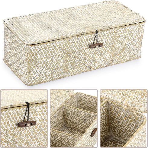 Hipiwe Seagrass Storage Basket Bin 3 Sections Hand-Woven Wicker Basket with Lid Bathroom Basket Toilet Tank Basket Holder for Organize Snack Tissu...