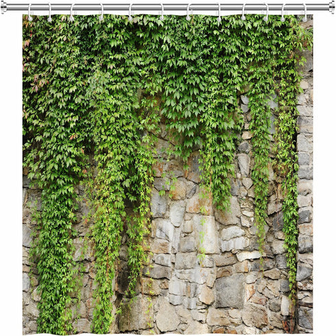Stone Brick Wall Shower Curtain Green Leaves Garden Landscape Nature Plant Scenery Rustic Marble Rocks Stone Wall Bathtub Curtains Fabric Bathroom...