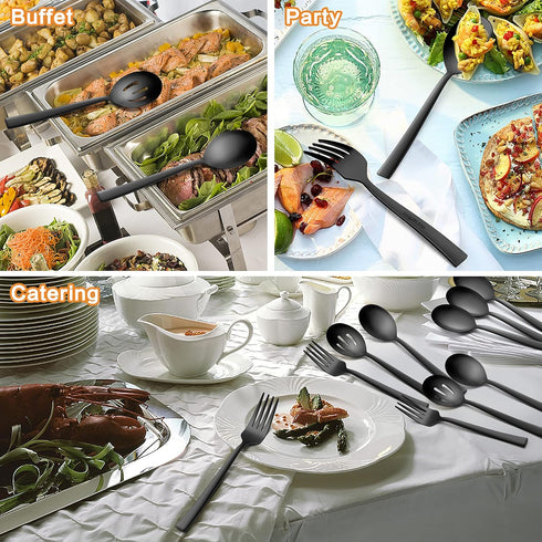 E-far Matte Black Serving Utensils Set of 6, Stainless Steel 8.7 Inch Hostess Serving Set with Square Edge, Metal Serving Slotted Spoons Forks for...