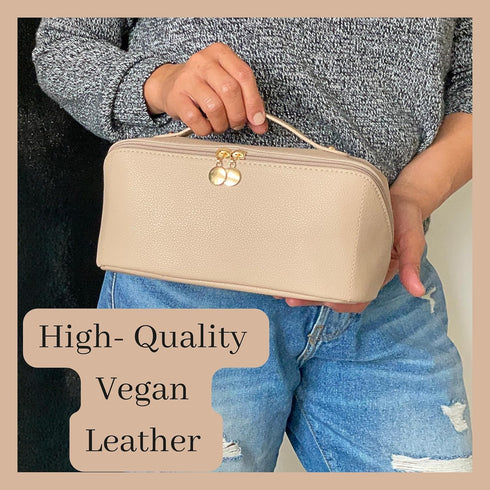 Large Capacity Travel Cosmetic Bag - Makeup Bag Opens Flat for Easy Access - Leather Waterproof Portable Cosmetics Bag with Handle, Divider - Toil...
