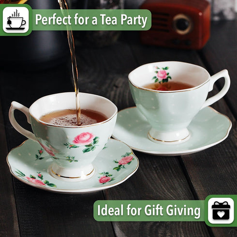 BTaT- Floral Tea Cups and Saucers, Set of 2, 8oz, Coffee Cups with Gold Trim, British Tea Cups...