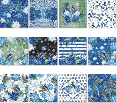 Christmas Blue Bird Scrapbook Paper Pad,24 Pcs Blue Bird Pattern Double-Sided Decopodge Paper,Cardstock Paper for Scrapbooking DIY Decorative Back...