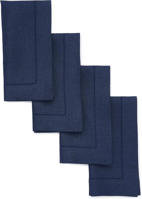 Solino Home Navy Linen Napkins Set of 4-100% Pure Linen Hemstitch Dinner Napkins 20 x 20 Inch for Summer, Fall - Classic Hemstitch...