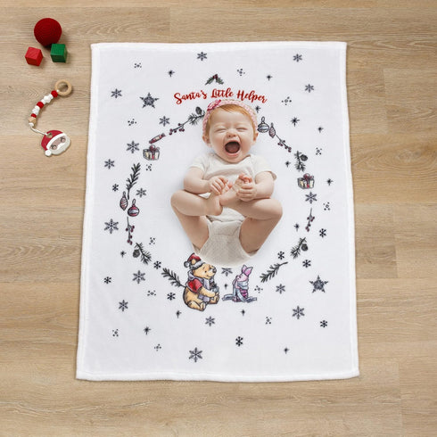 Disney Winnie The Pooh and Piglet White, Red, and Green Christmas Holiday Wreath Santa's Little Helper Photo Op Super Soft Baby Blanket...