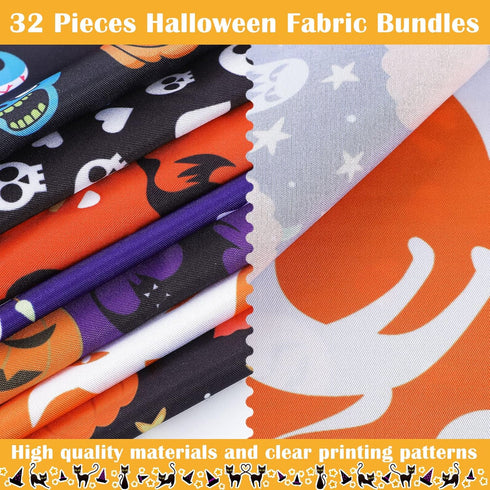32 Pieces 10 x 10 Inches Halloween Fabric Holiday Quilting Fabric Halloween Fat Quarters Printed Fabric Sewing Craft Fabric Bat Pumpkin Ghost Skul...