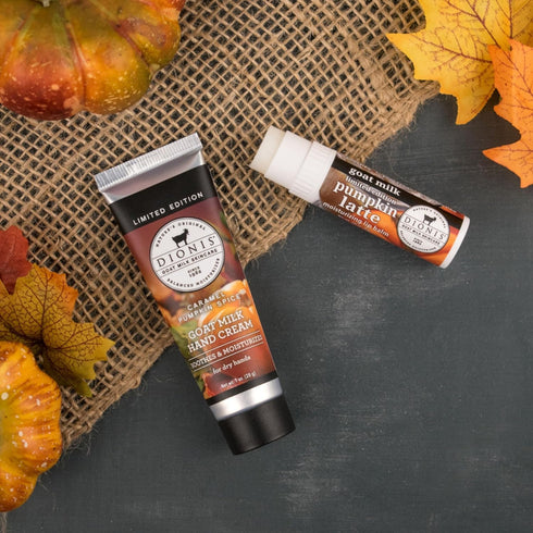 Dionis Goat Milk Skincare Caramel Pumpkin Spice Scented Hand Cream & Lip Balm Set (1 oz and .28 oz) - Made in the USA - Cruelty-free and Paraben-f...