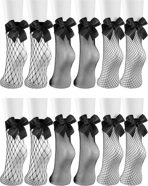 Geyoga 6 Pairs Black Women Fishnet Socks Dress Short Ankle Socks Hollow out Elastic Mesh Lace Socks for Cosplay Summer Wear (Bowknot Style)...