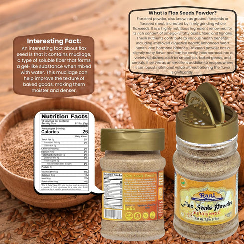 Rani Flax Seeds Powder (Alsi, Linum usitatissimum) 2.6oz (75g) PET Jar ~ All Natural | Gluten Friendly | Non-GMO | Vegan | Kosher | Indian Origin...