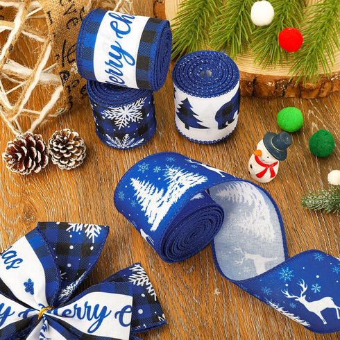 Christmas Wired Edge Ribbon 2.5 Inch 36 Yards Blue Black Buffalo Plaids Fabric Ribbon Xmas Tree Truck Reindeer Craft Ribbon for Holiday Wrapping D...