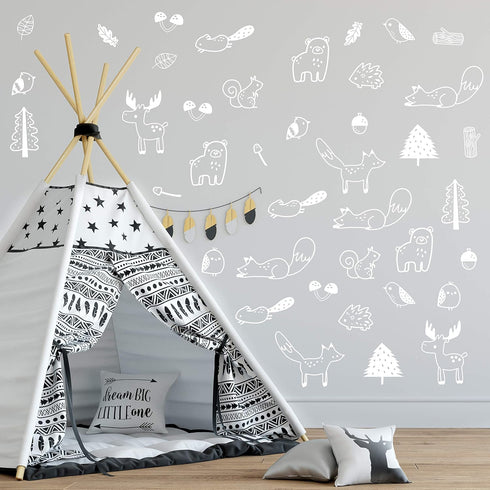 Forest Animal Wall Decals Peel and Stick for Kids, Baby Bedroom Nursery and Living Room. 36 pcs Adhesive Vinyl Wall Stickers Decor (White)...