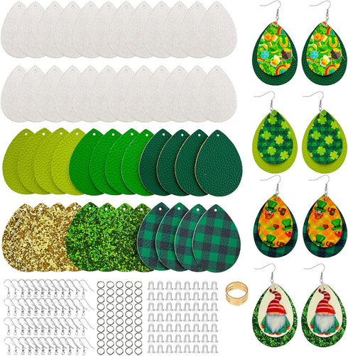 SHUANGART 194 Pcs St. Patrick's Day Sublimation Blank Superfine Glitter Earrings Kit, Green Shamrock Printed Chunky Glitter Faux Leather Earrings ...