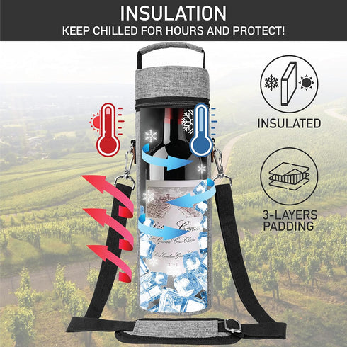 opux Wine Bag Single Bottle Carrier Tote, Insulated Wine Cooler Bag for Travel Picnic Beach with Shoulder Strap, Thermal One Bottle Holder Carryin...