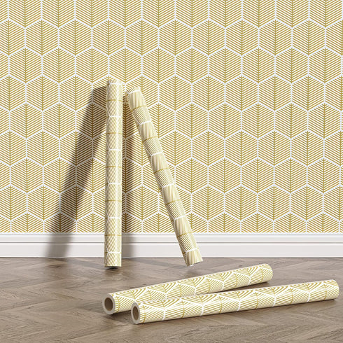 Modern Geometric Hexagonal Yellow peelable Adhesive Wallpaper Removable Wallpaper Home Living Room Cabinet Bathroom Contact Paper Waterproof Oil a...