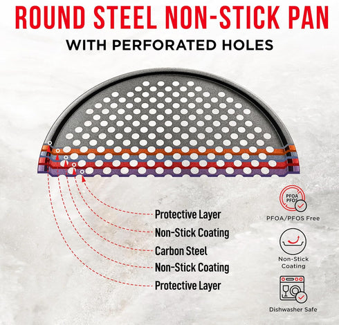 Non-Stick Pizza Pan with Holes - 13-Inch Perforated Pizza Crisper Carbon Steel Pizza Pan - 1 Round Pizza Trays PFOA PFOS and PTFE Free...