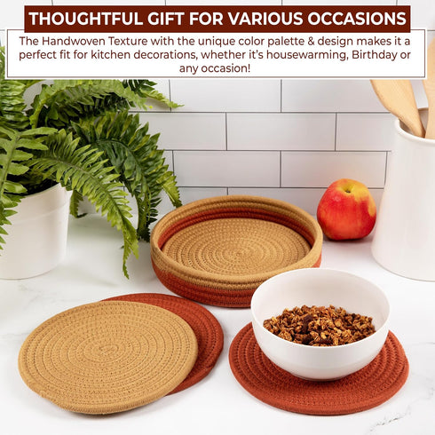 Trivets for Hot Dishes 100% Cotton Rope - 8" Trivets for Hot Pots and Pans Set of 5 Pcs w/ 9" Storage Basket | Pot Holders Heat Resistant | Hot Pa...