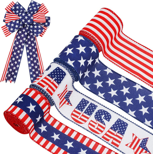 Patriotic Wired Edge Ribbon 24 Yards USA Flag Stars Stripes Craft Fabric Ribbon 4th of July Decorative Wrapping Ribbon for Independence Day Memori...