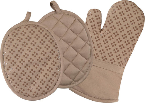 Sticky Toffee Oven Mitt and Pot Holder Set of 3 – Tan Kitchen Hot Pads and Mitts with Non-Slip Silicone Grip, 100% Cotton Shell, Oeko-Tex Cotton...
