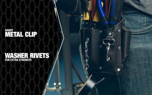 Southwire POUCH4 Leather Tool Pouch; 5 Pocket Pouch with Electrical Tape Chain; Fade Resistant; Durable Compartments; Washer Rivets; Includes Meta...