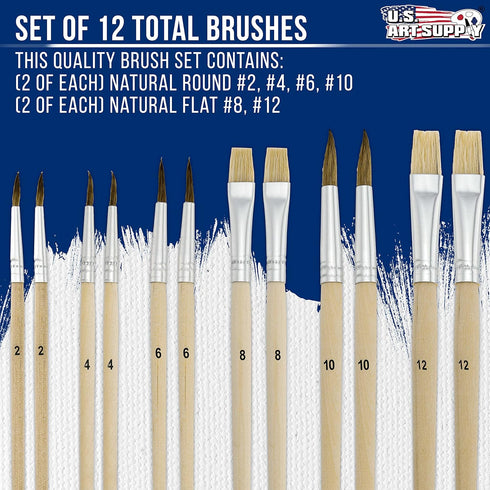 U.S. Art Supply 12-Piece Artist Paint Brush Set with 9" x 12" Wood Painting Palette - 12 Premium Round & Flat Bristle Paintbrushes - Fun Kids, Adu...