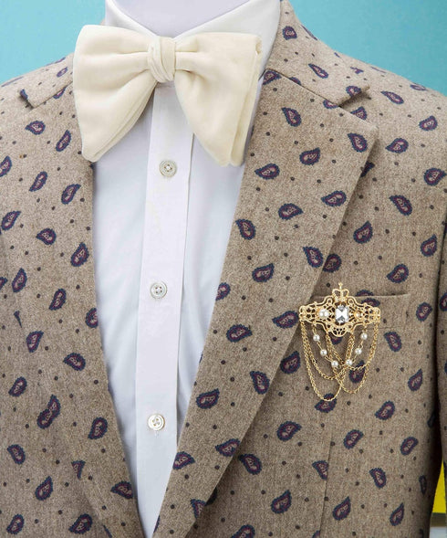 Knighthood Gold Crowned White Stone with Engraving Imitation Pearl and Hanging Chain Metal Lapel Pin Brooch for Men...