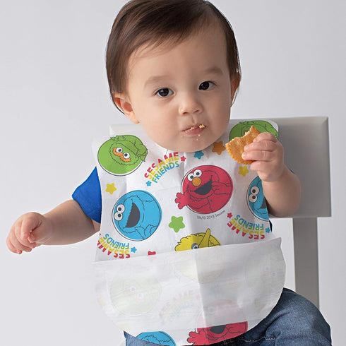 Sesame Street Large Disposable Bibs with Patented Crumb-Catcher, Leakproof Liner, and Reusable Fastener, Ages 6+ Months, 32 count...