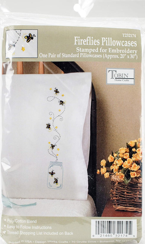Tobin Stamped Pillowcases, Fireflies, 20" x 30" Embroidery Kit, white...