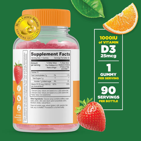 Lifeable Vitamin D for Kids 1000 IU - Great Tasting Natural Flavor Gummy Supplement - Gluten Free Vegetarian GMO Free Chewable - for Strong Health...