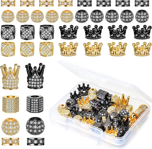 40 Pieces King Crown Charms 8mm Round Rhinestone Beads Hexagon Big Hole Spacer Beads Bracelet Connector for DIY Xmas Jewelry Crafts Making (Black ...