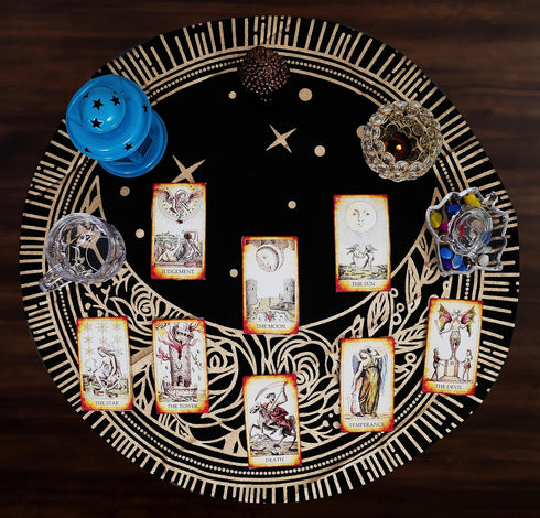 Indian Consigners Altar Cloth Sun Moon Star Witchcraft Alter Tarot Spread Top Cloth Wiccan Square Spiritual 24 by 24 Sacred (Golden Sun Moon Star)...