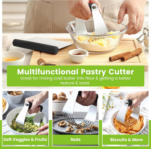 Spring Chef Dough Blender & Pastry Cutter Tool, Stainless Steel Pastry Blender & Bench Scraper for Pizza, Nut, Pie - Multipurpose Dough Cutter & S...