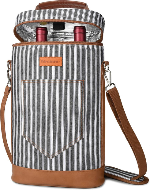 Tirrinia 2 Bottle Wine Gift Tote Carrier - Leakproof & Insulated Padded Versatile Wine Cooler Bag for Travel, BYOB Restaurant, Wine Tasting, Party...