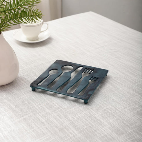 Cutlery Set Shaped Metal Trivet for Serving Hot Dish, Pot, Pans & Teapot on Kitchen Countertop or Dinning, Table-Heat Resistant (Antique Blue)...