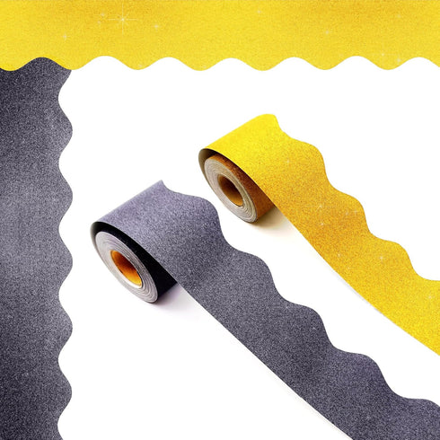 65.6 Ft Bulletin Board Borders Shine Scalloped Bulletin Border Trim Glitter Gold Black Shiny Decorative Poster Borders Strips for Classroom School...