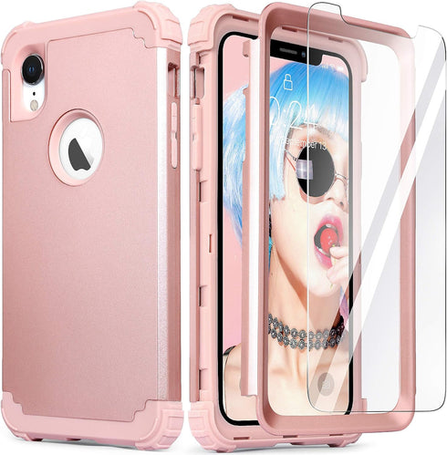 IDweel for iPhone XR Case with Tempered Glass Screen Protector for Women, 3 in 1 Shockproof Slim Hybrid Heavy Duty Hard PC Cover Soft Silicone Bum...