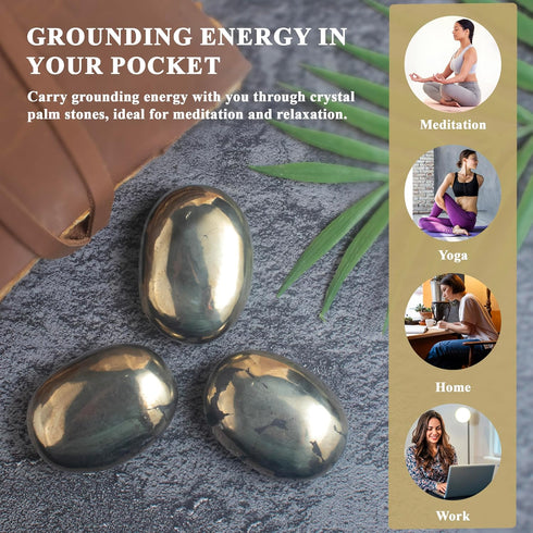 Golden Pyrite Palm Stone, Worry Stone Large Oval Palm Stone Chakra Healing Hand Carved Pocket Massage Stone Reiki Polished Stone Massage Spa Energ...