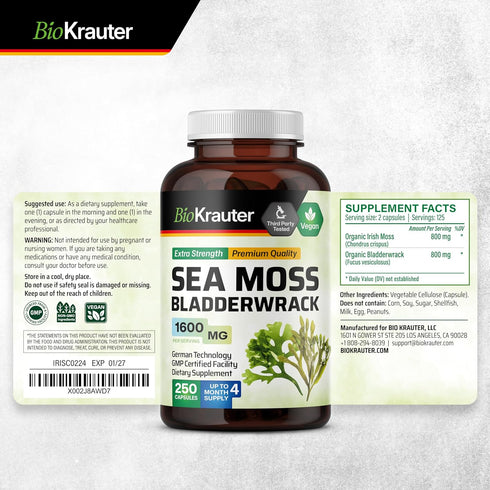 BIO KRAUTER Irish Sea Moss Capsules 1600 mg - 250 Count - Vegan Bladderwrack with Chondrus Crispus Sea Moss Supplement...