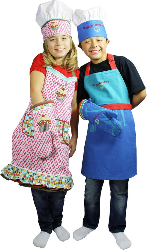 MÜkitchen Kids Apron Set | Oven Mitt, Chef’s Hat and 24" Kids Cooking Apron for the Kitchen, Chef Costumes and Crafts | 100% Cotton | Extra Long T...