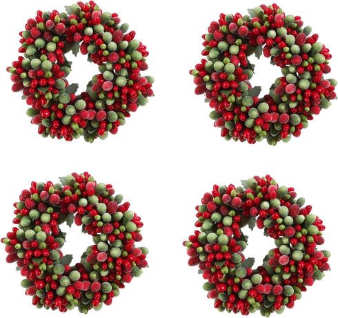 Christmas Red & Green Frosted Berry 5.75" Mini-Wreath/Candle Ring OR Set of 4 Napking Rings/Tiny Wreath Ornaments (4, 3.75 inch)...