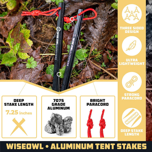 Wise Owl Outfitters Tent Stakes - Heavy Duty Camping Stakes for Outdoor Tent & Tarp - Essential Camping Accessories, Available in 12pk or 16pk Bla...