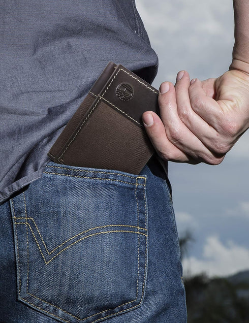 Timberland Men's Canvas & Leather Trifold Wallet, Dark Earth, One Size...