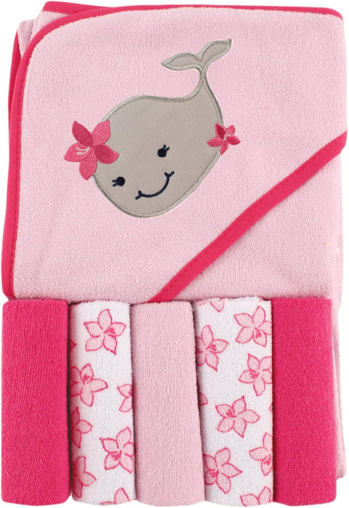 Luvable Friends Unisex Baby Hooded Towel with Five Washcloths, Girly Whale, One Size...